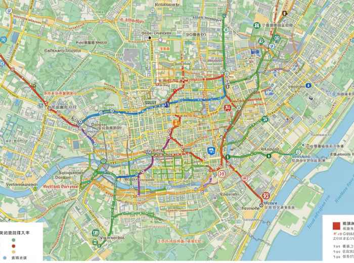 A detailed map of Kyoto showing bus routes connecting major temples and districts