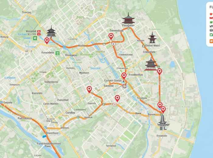 A beautifully arranged overview map showing the connection between Fushimi Inari, Gion district, and temple locations with suggested routes