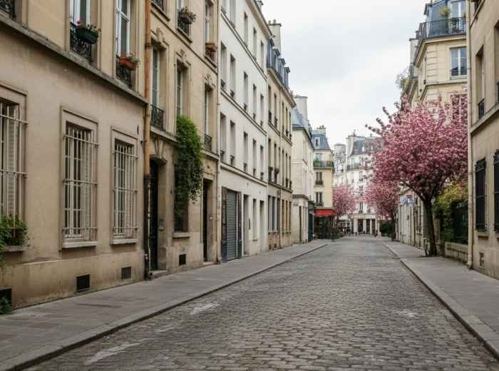 Narrow cobblestone street in Butte-aux-Cailles in Paris