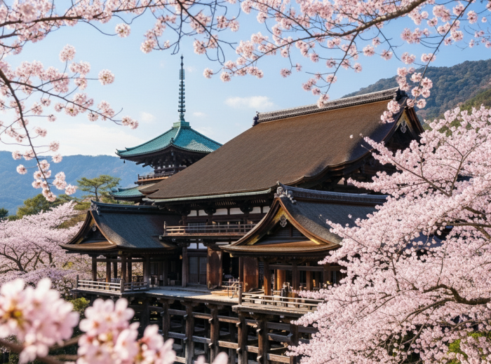 Spring cherry blossoms surround Kyoto’s Kiyomizu-dera temple with its historic wooden stage