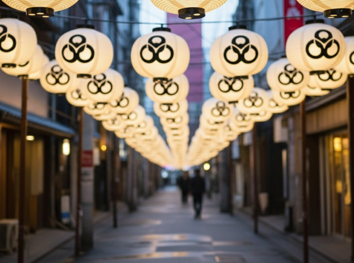A peaceful Miyagawacho street lit by lanterns with wooden buildings on either side