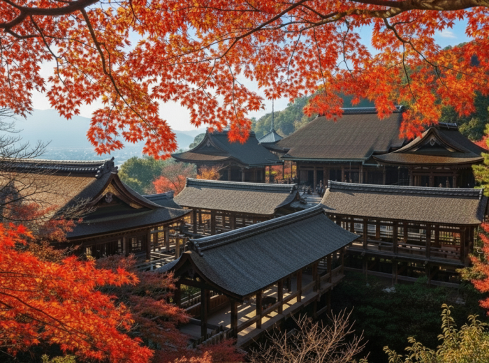 Red maple leaves blanket temple rooftops linked by covered walkways