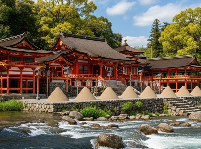 Vermilion buildings stand near flowing river with conical sand formations