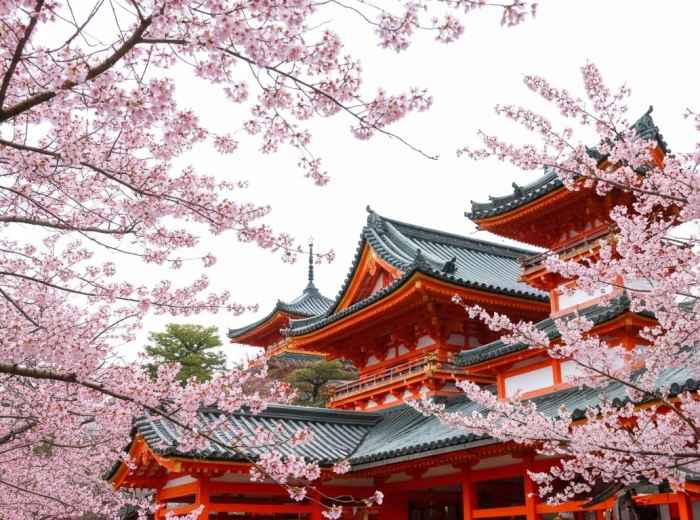 Pink cherry blossoms arch over bright orange shrine structures and open courtyard