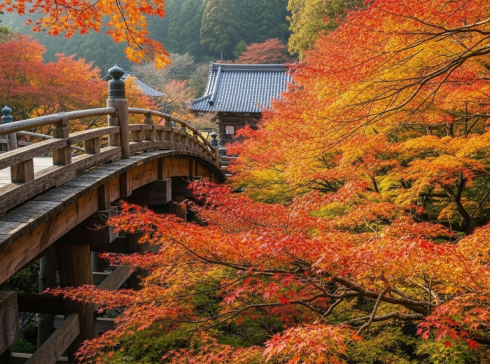 View from above showing vibrant red and golden maple leaves surrounding temple grounds