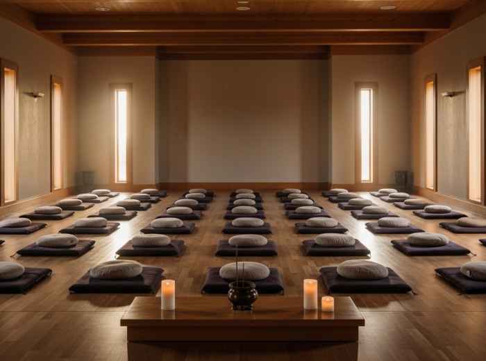 Neatly arranged rows of cushions in a serene hall prepared for early morning meditation