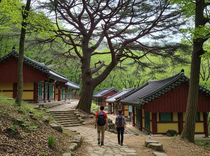 Shaded forest path weaving past wooden temple structures beneath towering old trees