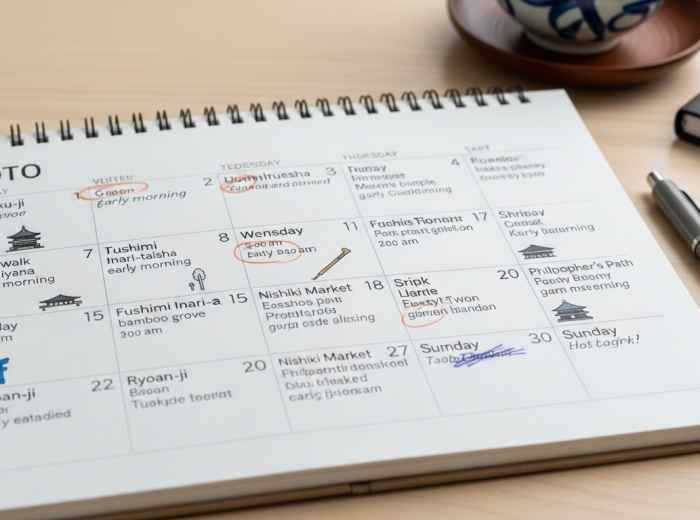 Open calendar marked with handwritten notes for temple visits and neighborhood walks during a week in Kyoto
