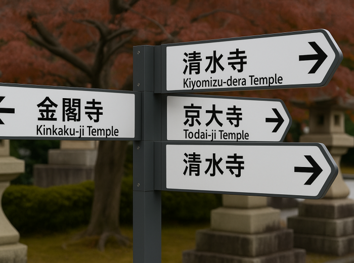 Directional sign with temple names written in both Japanese characters and English letters