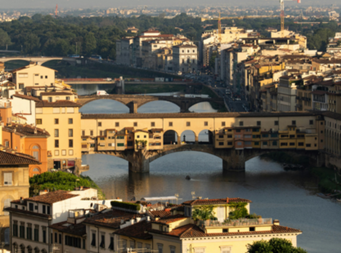 Ponte Vecchio at sunset, Florence’s iconic medieval bridge