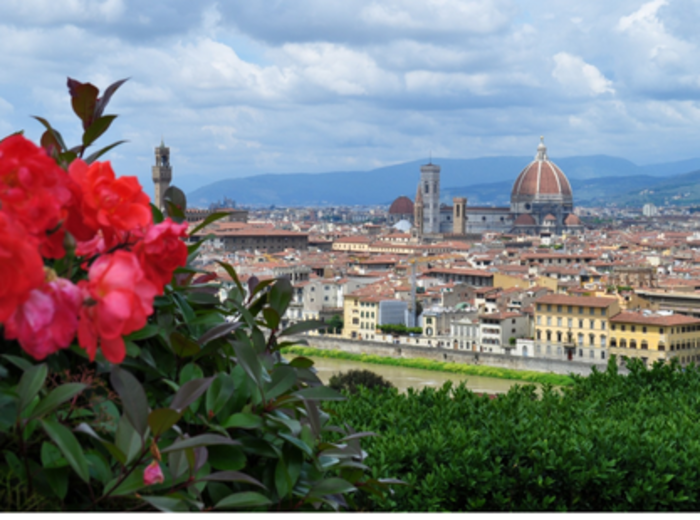 Rose Garden blooms overlooking Florence, with Brunelleschi's dome and skyline in the distance