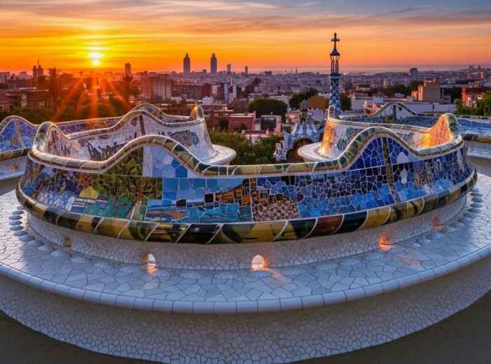 Mosaic serpentine bench at sunset with city skyline