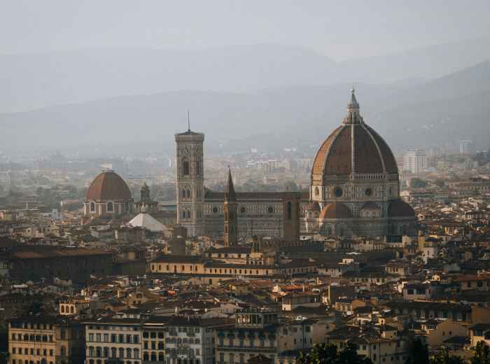 Florence skyline with Brunelleschi's dome, hillside view from near Piazzale Michelangelo.