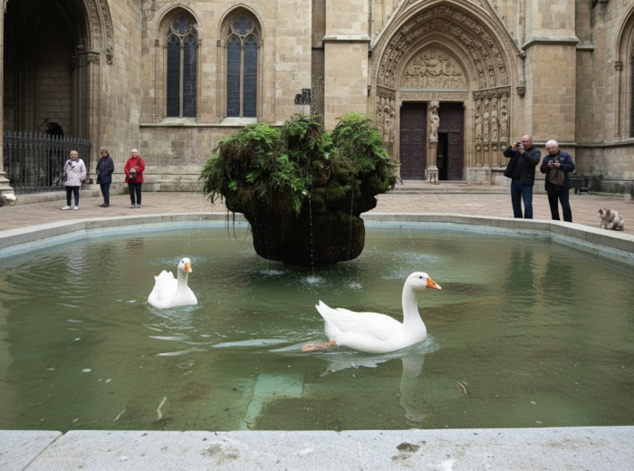 White geese swimming in stone fountain surrounded by Gothic arches