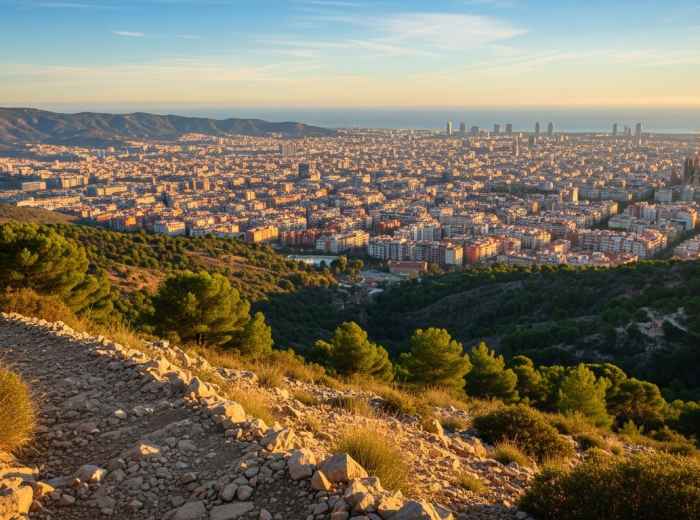 Mountain trail overlooking Barcelona sprawl