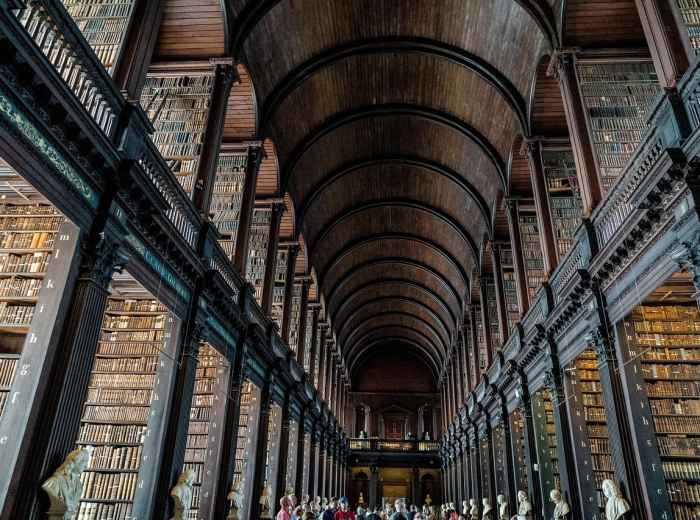 Trinity College Dublin Old Library Long Room with high wooden bookshelves