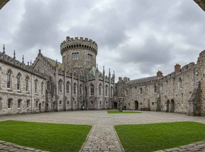 Dublin Castle courtyard with the Record Tower and stone walls