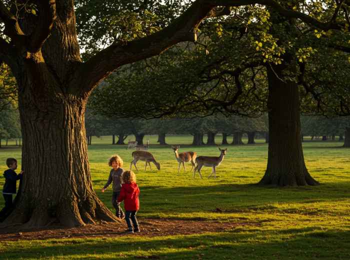 Kids playing in Phoenix Park with wild deer in the background
