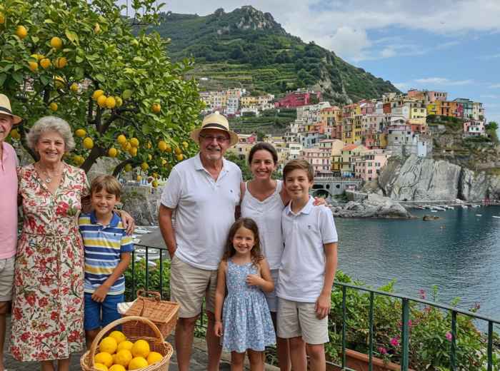 Happy family taking photos together with Sorrento's coastline behind them