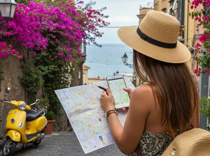 Traveler marking a paper map using offline maps on her phone