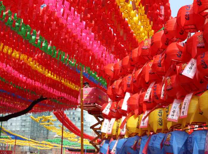 Jogyesa Temple courtyard decorated with colorful lanterns