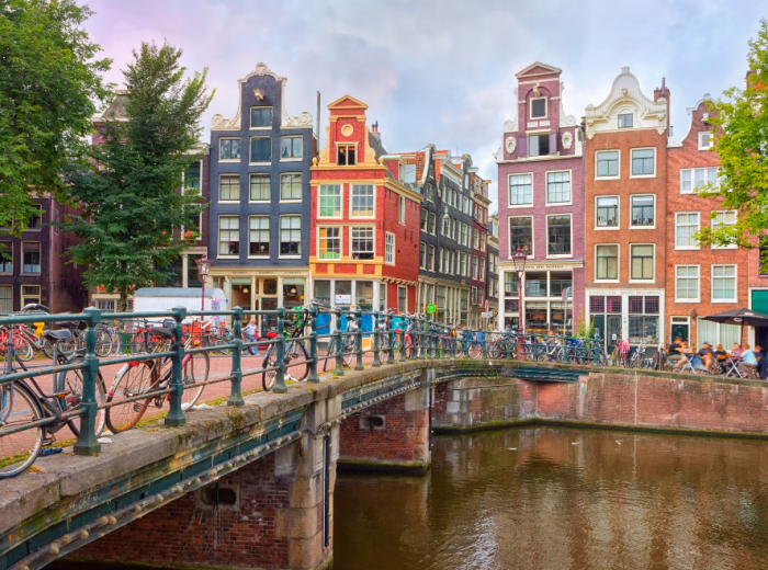 Amsterdam architecture with curved corners and brick patterns