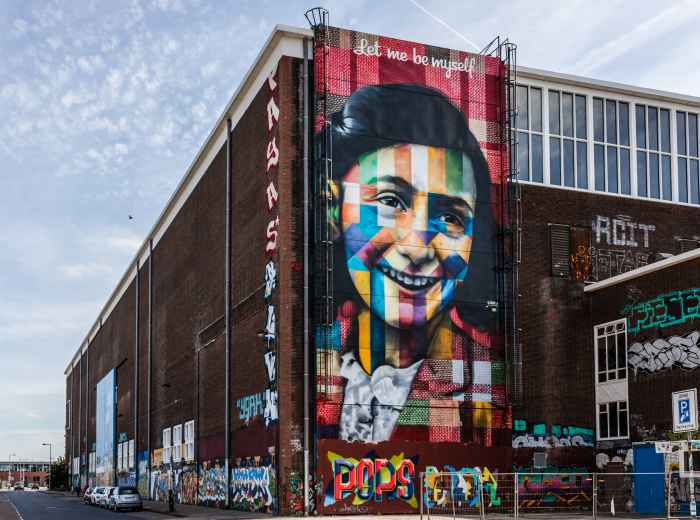 NDSM Wharf with massive Anne Frank mural on the side