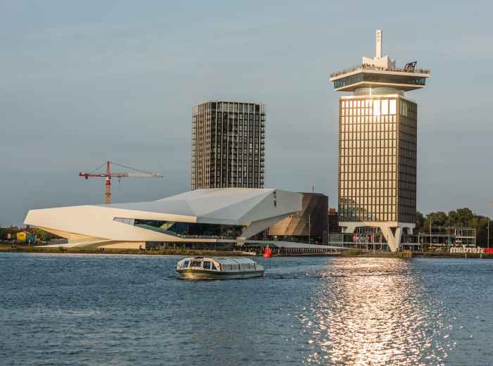 Free ferry with Eye Filmmuseum and the A'DAM Toren (A'DAM Tower) in Amsterdam Noord in view
