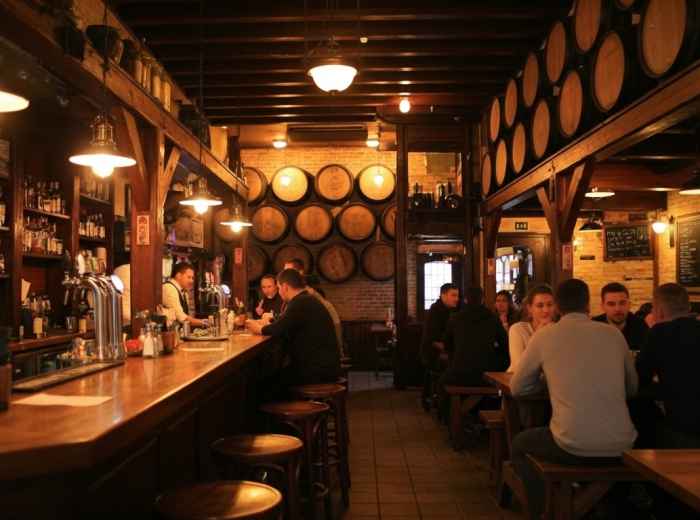 Traditional brown cafe interior with locals enjoying evening drinks