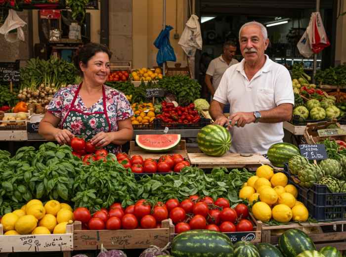 Local vendors at Mercato di Sorrento with fresh produce and traditional Italian market atmosphere