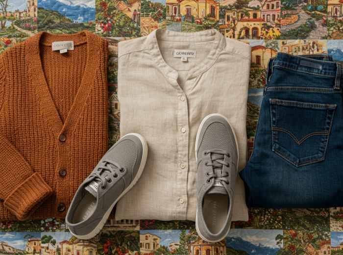 Layered clothing and comfortable walking shoes laid out for October Sorrento exploration