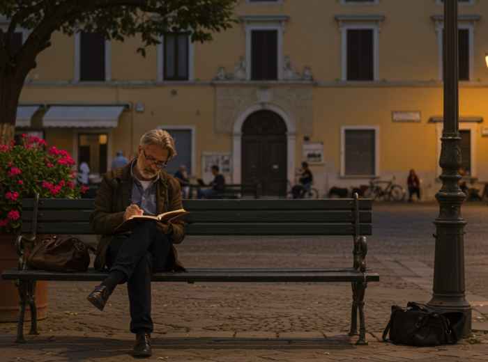Traveler journaling in a quiet Sorrento piazza at dusk