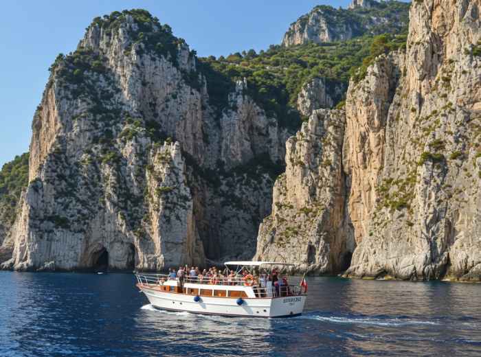 Tourist boat approaching the dramatic cliffs of Capri Island