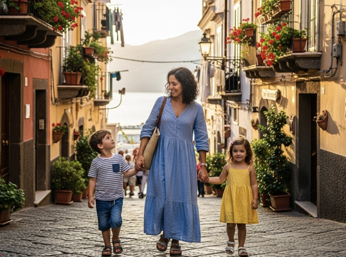 Family walking through Sorrento's colorful streets