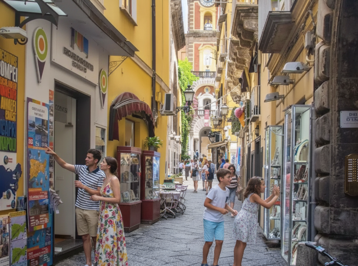 Cobblestone street lined with colorful Italian storefronts