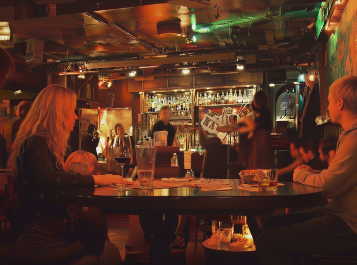 Small basement bar in Amsterdam Noord with warm lights and music