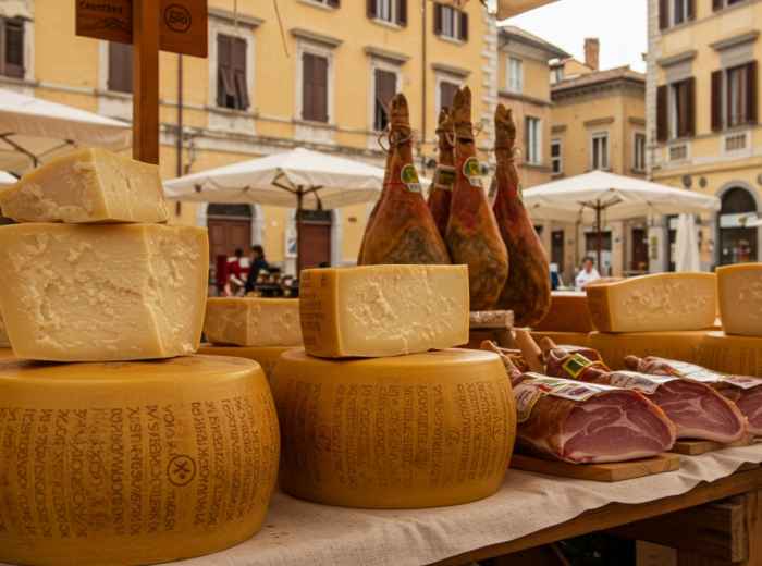 Parma market stalls with Parmigiano wheels and prosciutto in the old town