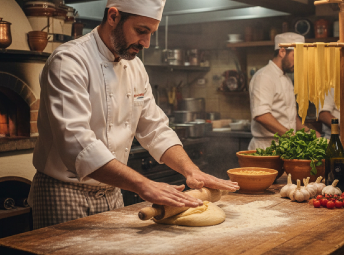 Chef making fresh pasta in a Sorrento restaurant