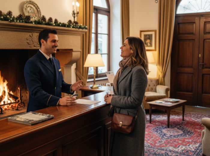 Hotel concierge speaking with guest in a welcoming lobby