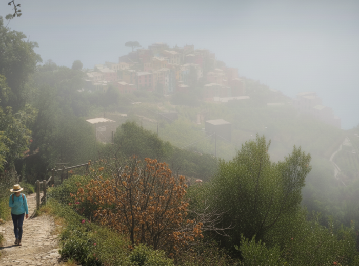Hiker on misty coastal trail near Sorrento in winter