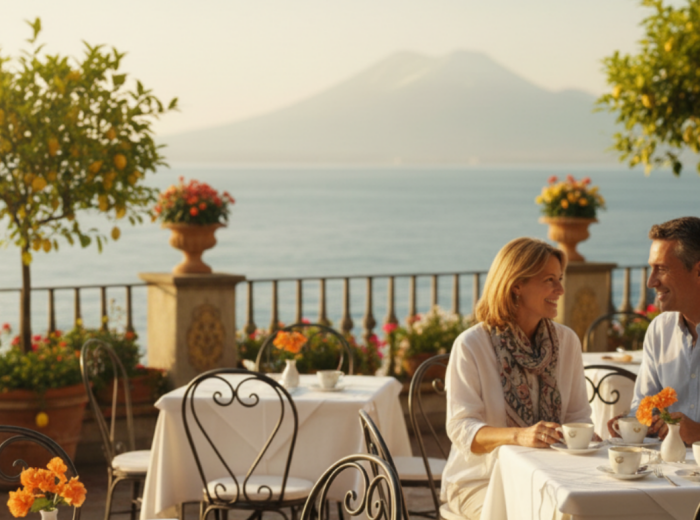 Waterfront café terrace on the Bay of Naples on a calm October morning