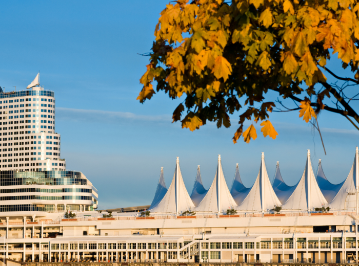 White sail-like architecture at Canada Place with water views.
