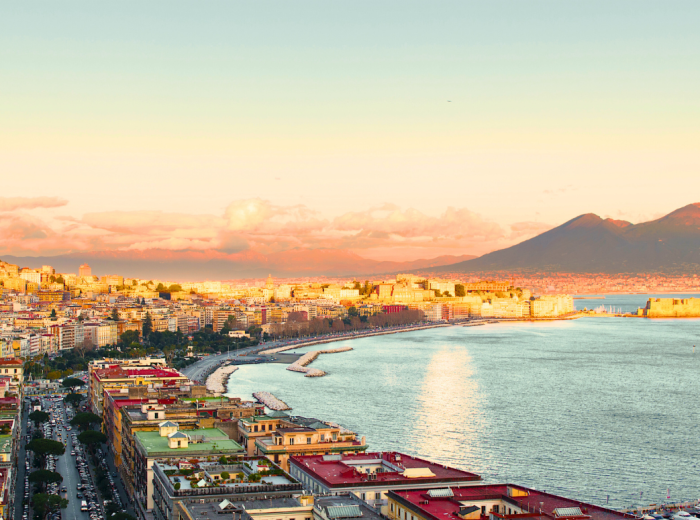 Mount Vesuvius and the Bay of Naples in dramatic golden light after winter storm