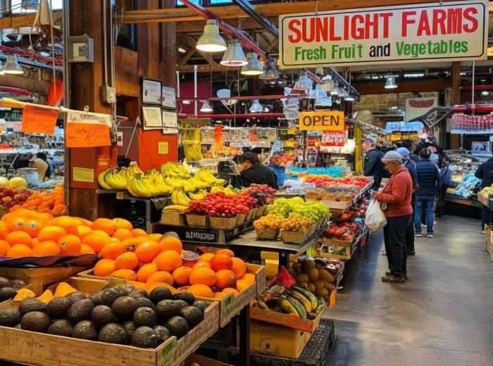 Bustling indoor food stalls at Granville Island market