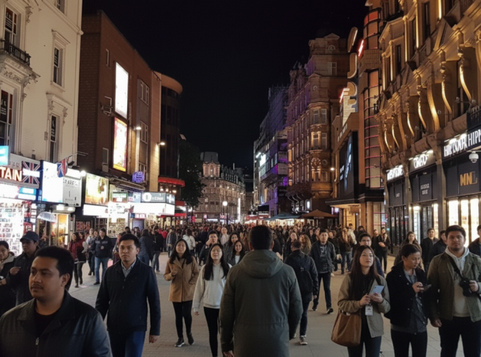Busy Leicester Square at night packed with tourist traps