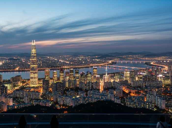 Panoramic view of Seoul skyline at night from Namsan Tower