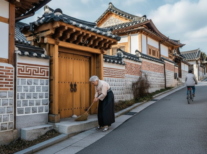 Quiet Seochon hanok alley in early morning with resident sweeping doorstep and traditional wooden gate