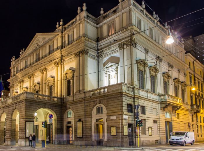 Teatro alla Scala exterior lit up at night in central Milan