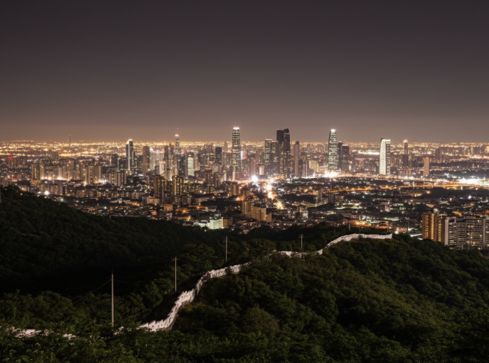 Scenic night view from Inwangsan mountain showing Seoul's fortress wall and city lights below