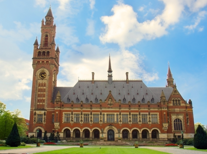 The Peace Palace facade with beautiful greenery on a nice day